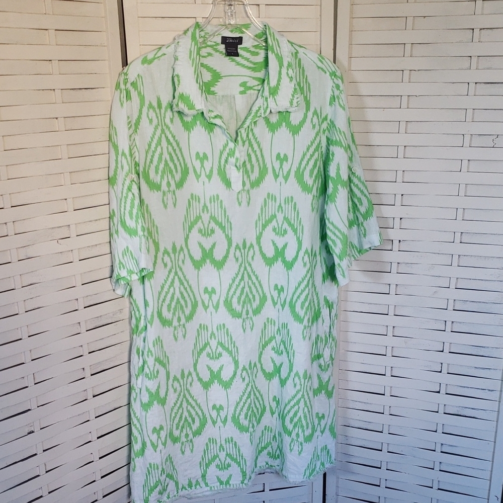 Pure Amici 100% Lunen Green and White Patterned Shirt Tunic Dress Size L